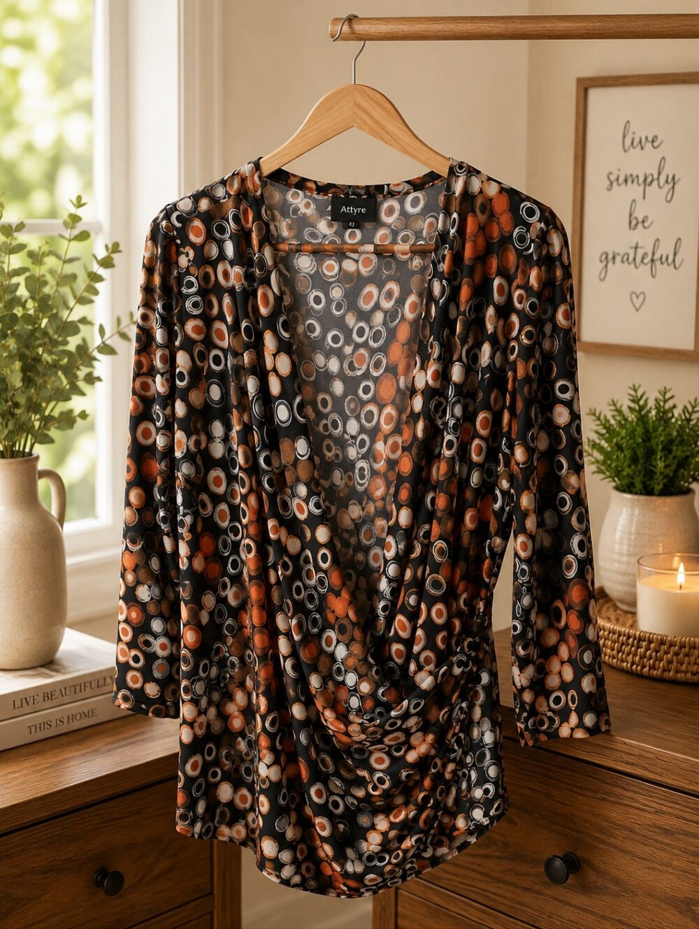 Attyre Black Wrap Blouse with Orange, Tan and White Dot Pattern